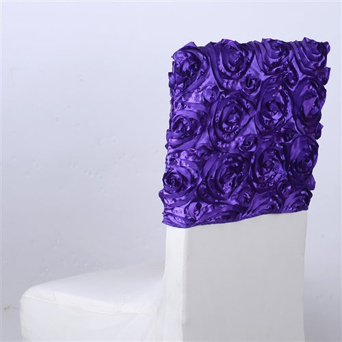 PURPLE 16 Inch x 14 Inch ROSETTE SATIN Chair Top Covers