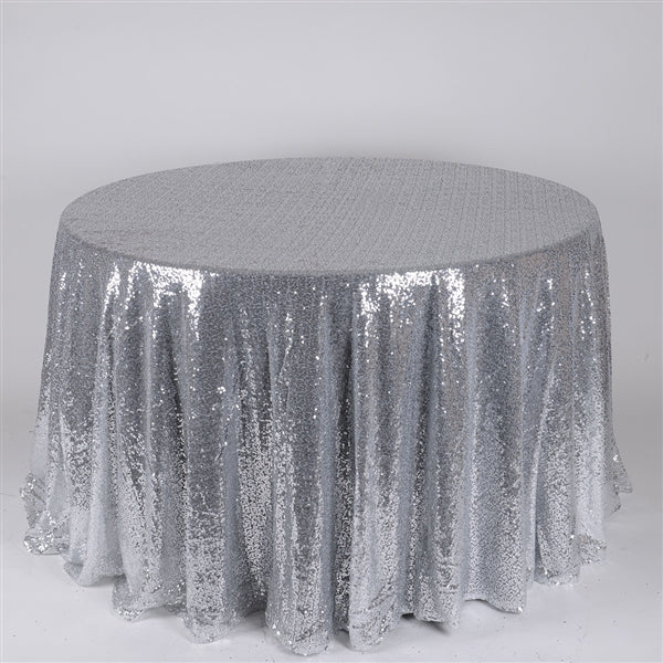 SILVER 120 inch ROUND Duchess SEQUIN Tablecloth