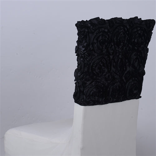 BLACK 16 Inch x 14 Inch ROSETTE SATIN Chair Top Covers