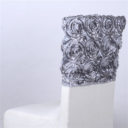 SILVER 16 Inch x 14 Inch ROSETTE SATIN Chair Top Covers