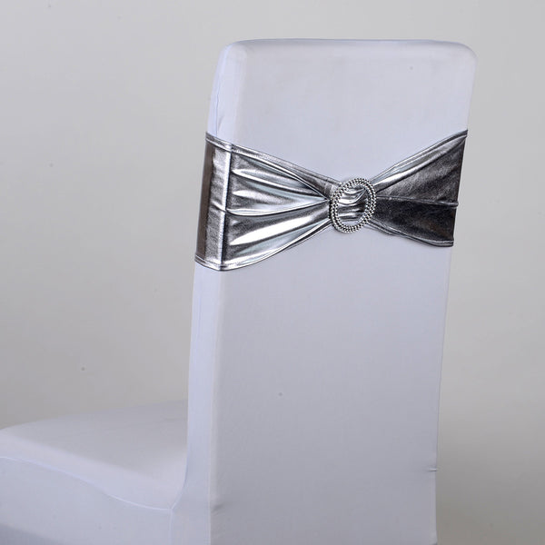 Silver Metallic Spandex Chair Sash w. Buckle 5 pieces