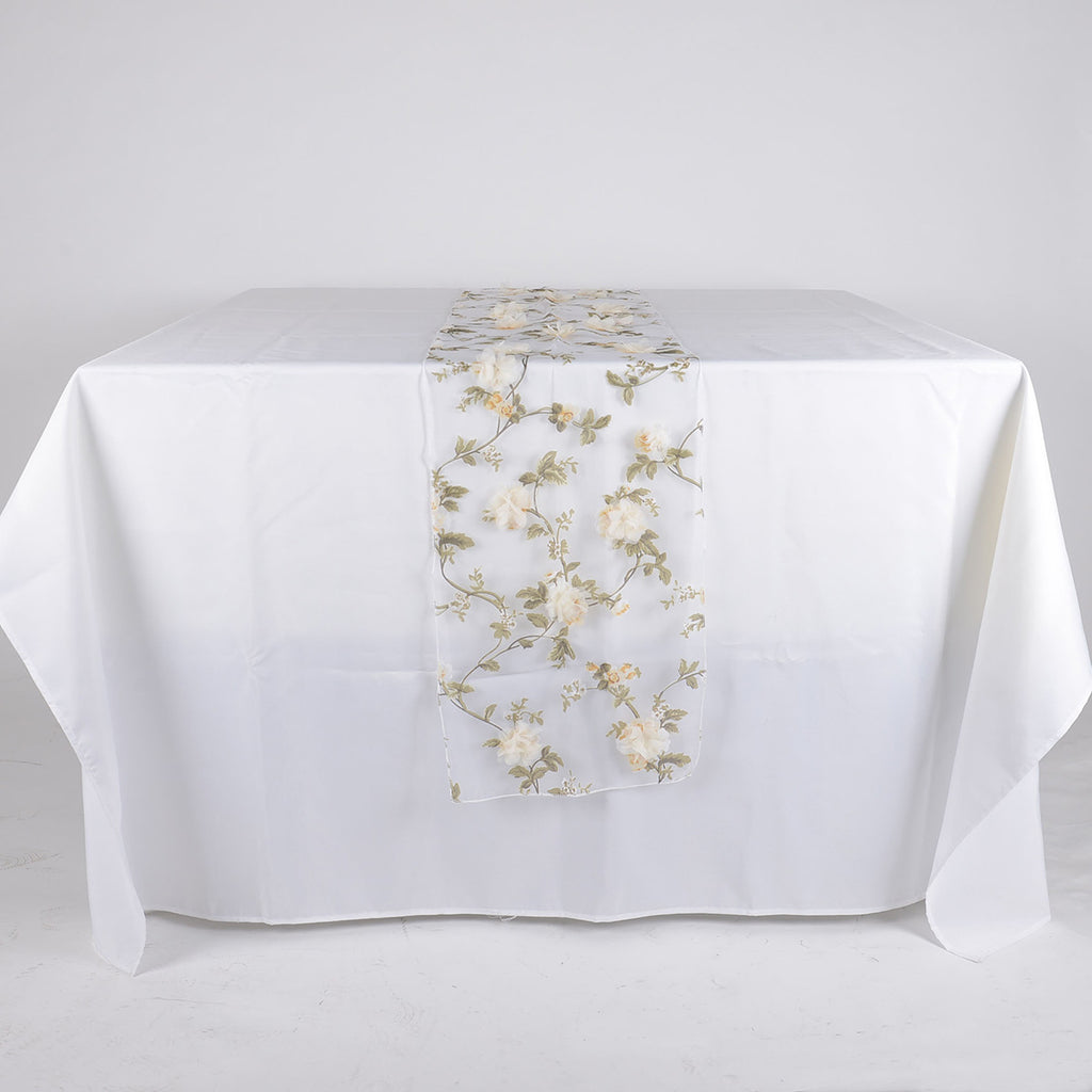 Ivory Organza with 3D Roses Table Runner