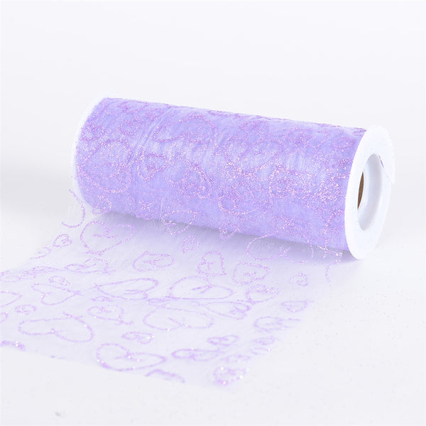 Lavender Glitter Heart ORGANZA 6 Inch Roll 10 Yards